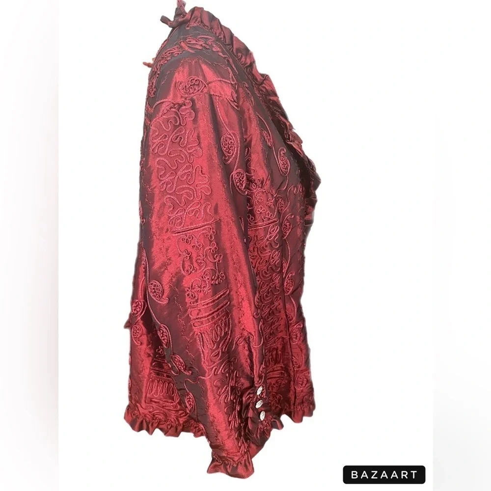 🔥🔥Violin Crimson Metallic Blazer. Size 3X  Glass Beads Button Up 3/4 Sleeve
